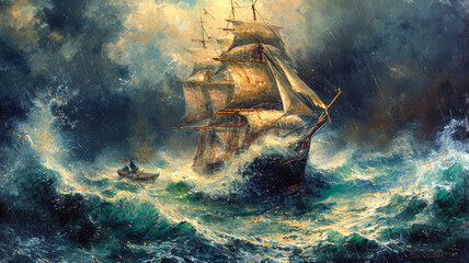 Sailing Ship in a Storm Painting.  Generated Image.  A digital painting of a sailing ship from the 1800’s in a storm.