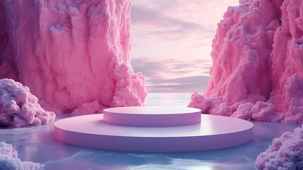 a pink, rocky landscape with a still lake in the foreground. Pink podium, positioned at the bottom of the scene, and a pink mountain range in the background
