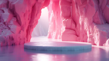 a pink, rocky landscape with a still lake in the foreground. Pink podium, positioned at the bottom of the scene, and a pink mountain range in the background