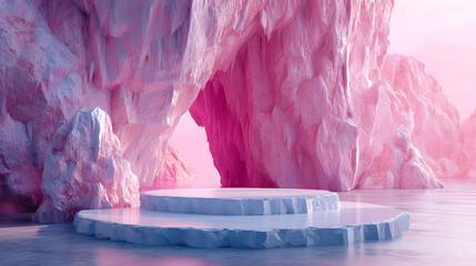 a pink, rocky landscape with a still lake in the foreground. Pink podium, positioned at the bottom of the scene, and a pink mountain range in the background