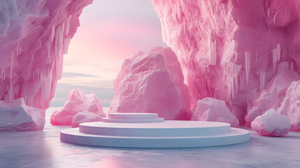 a pink, rocky landscape with a still lake in the foreground. Pink podium, positioned at the bottom of the scene, and a pink mountain range in the background