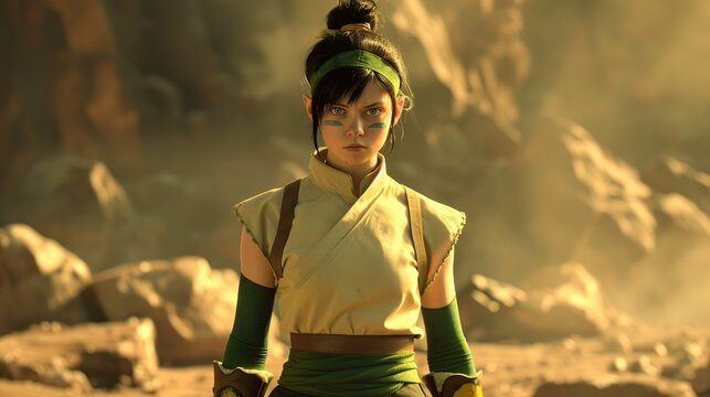 
"Earthbending Elegance: Toph Beifong's Realistic Live Action Adaptation with Green Sleeves, Beige Shirt, and Iconic Elements Against a Rocky Backdrop."



