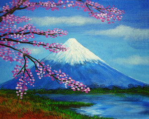 Hand drawn Art painting Oil color   Fuji Mountain