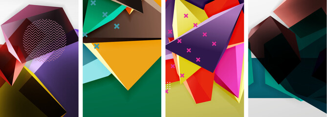 Trendy low poly 3d triangle shapes and other geometric elements background designs for wallpaper, business card, cover, poster, banner, brochure, header, website