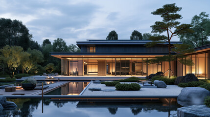 Contemporary and traditional house architecture design blend. Large pool and pond in back yard.