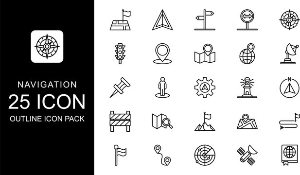 Navigation icon outline style vector, outline icon sheet, icon bundle.