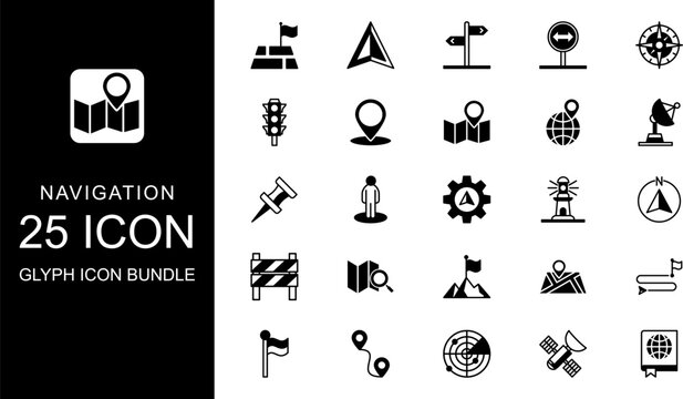 Navigation icon Glyph style vector, glyps icon sheet, icon bundle.