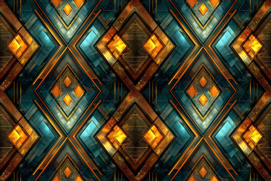 Vibrant Abstract Geometric Patterns Colliding in Orange and Blue. Seamless Repeatable Background.