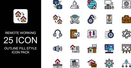 Fototapeta premium Work at home, Remote Working Icon Outline Fill Flat Design Style, lined flat design icon sheet, icon bundle.