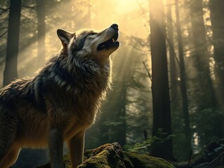 Wolf is howling in the forest in sunlight