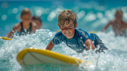 Young boy taking surfing lessons, excited to learn. - obrazy, fototapety, plakaty