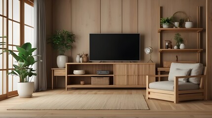 Interior mock up cozy living room. cabinet for TV or place object in japanese living room with lamp, table, flower, and window.