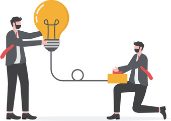 Creative new idea, innovation start up business or inspiration to achieve success goal concept, happy smart businessman leader riding flying bright lightbulb lamp with rocket booster in the cloud sky.