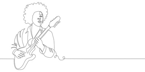 One continuous line drawing of male guitarist standing and playing guitar. Rock n roll musician artist performance concept single line draw design vector illustration