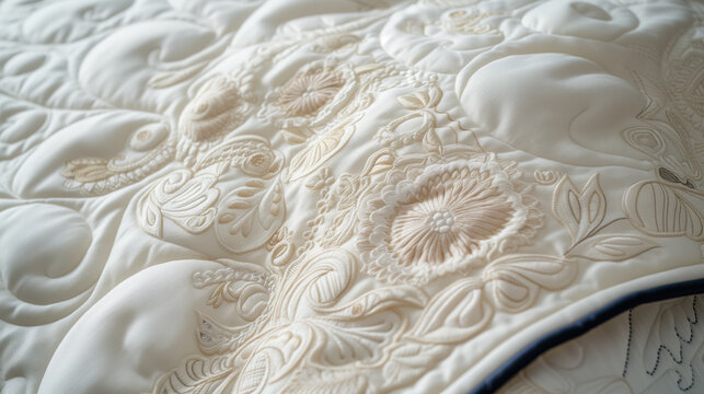 Elegant white quilted fabric with floral design.