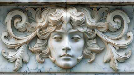 Ornate bas-relief of a woman's face on marble. - obrazy, fototapety, plakaty