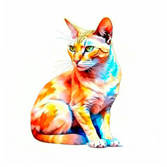 Mongrel cat on the white background isolated. Vibrant colors in the style of watercolor illustration.