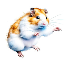 Jumping hamster on white background isolated. Cute little pet, ginger and white.