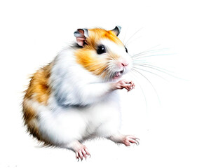 Jumping hamster on white background isolated. Cute little pet, ginger and white.