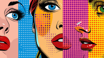 Pop art faces with bold dots and bright colors.