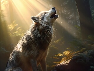 Wolf is howling in the forest in sunlight