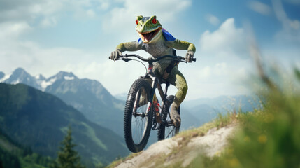 A bold lizard doing acrobatics on a mountain bike