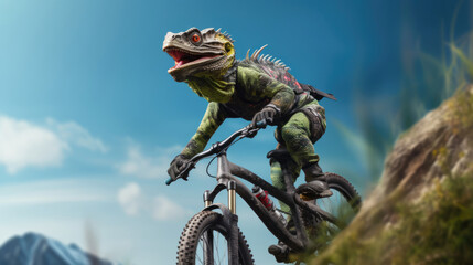 A bold lizard doing acrobatics on a mountain bike