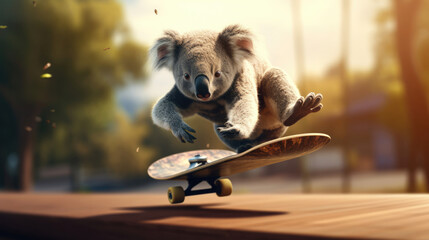 A daring koala doing tricks on a skateboard - obrazy, fototapety, plakaty