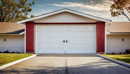 Fototapeta na wymiar Everyday Elegance: Classic American Scene with White Garage Door and Driveway