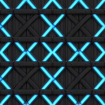 Ethereal Neon Blue X-Shapes Dancing Among Abstract Gray Background. Seamless Repeatable Background.