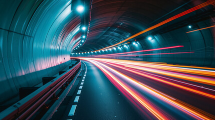 Tunnel with colorful light trails at night.