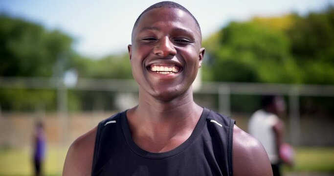 Man, face and basketball player for smile in game, talent and sport training for competition in city. African athlete, portrait and happiness with confidence, fitness and exercise with team on court