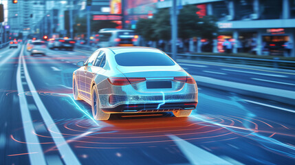 Fototapeta na wymiar Autonomous self driving sedan in the city. Sensors helping the car navigate on its own.