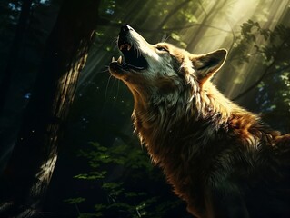 Wolf is howling in the forest in sunlight