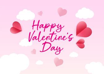 Happy valentines day card with heart shapes and clouds.  Lettering Happy Valentines Day banner. Valentines Day greeting card template with typography text happy valentine`s day and red heart