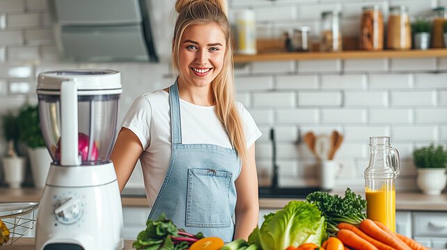 smiling , looking healthy woman making fruit juice  included beetroot, kale, avocado, celery, ai generated image