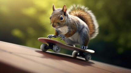 A fearless squirrel skateboarding down a steep ramp