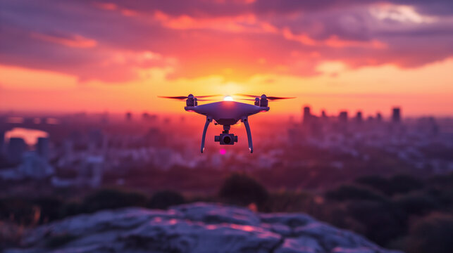 Drone in the air during colorful sunset. Recording video footage of beautiful scenery.