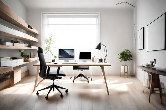 A minimalist home office bathed in natural light, featuring a sleek desk, ergonomic chair, and modern technology, creating a serene and productive workspace