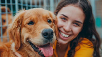 Happy golden retriever dog with his female owner. Smiling for the camera. Going to dog park. 