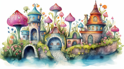 Watercolor illustrations of villages in various stories are used for decoration.