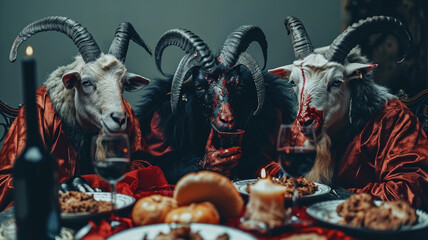 Demons in the form of goats perform a bloody ceremony at dinner. - obrazy, fototapety, plakaty