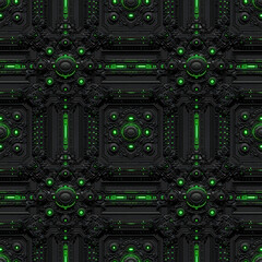 Title 1: "Futuristic Sci-Fi Spaceship Interior with Green Light Accents. Seamless Repeatable Background