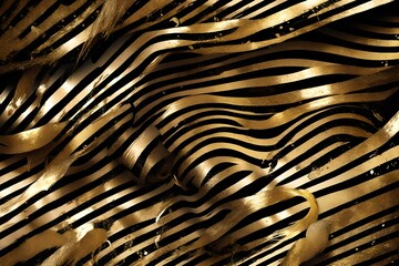 Gllitter gold striped wallpaper. Paint brush strokes background. Black and white calligraphy stripes. Golden heart shape pattern. Hipster trendy illustration