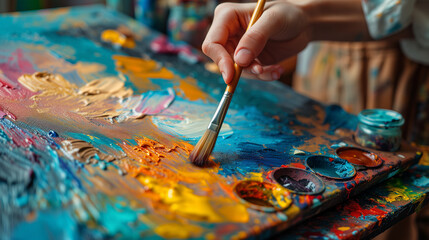 Closeup of hand mixing paint on a board for a painting.