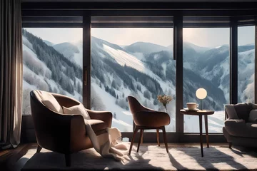 Foto op Canvas A cozy reading nook by a large window, featuring a comfortable armchair, a side table with a steaming cup of cocoa, and a blanket overlooking a serene snowy landscape © MISHAL
