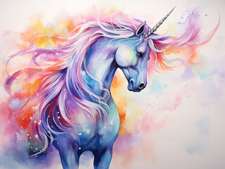 Vibrant watercolor painting of a unicorn with a colorful mane.
