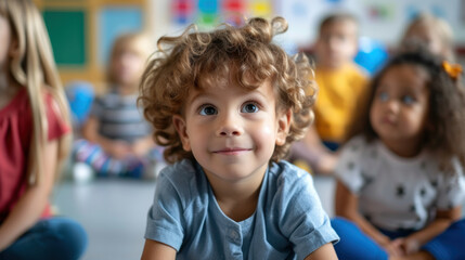 Young boy with curly hair smiling in a preschool classroom.