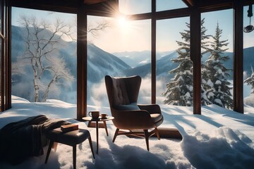 A cozy reading nook by a large window, featuring a comfortable armchair, a side table with a steaming cup of cocoa, and a blanket overlooking a serene snowy landscape