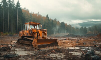 land clearing - bulldozers clear forests for industry - obrazy, fototapety, plakaty